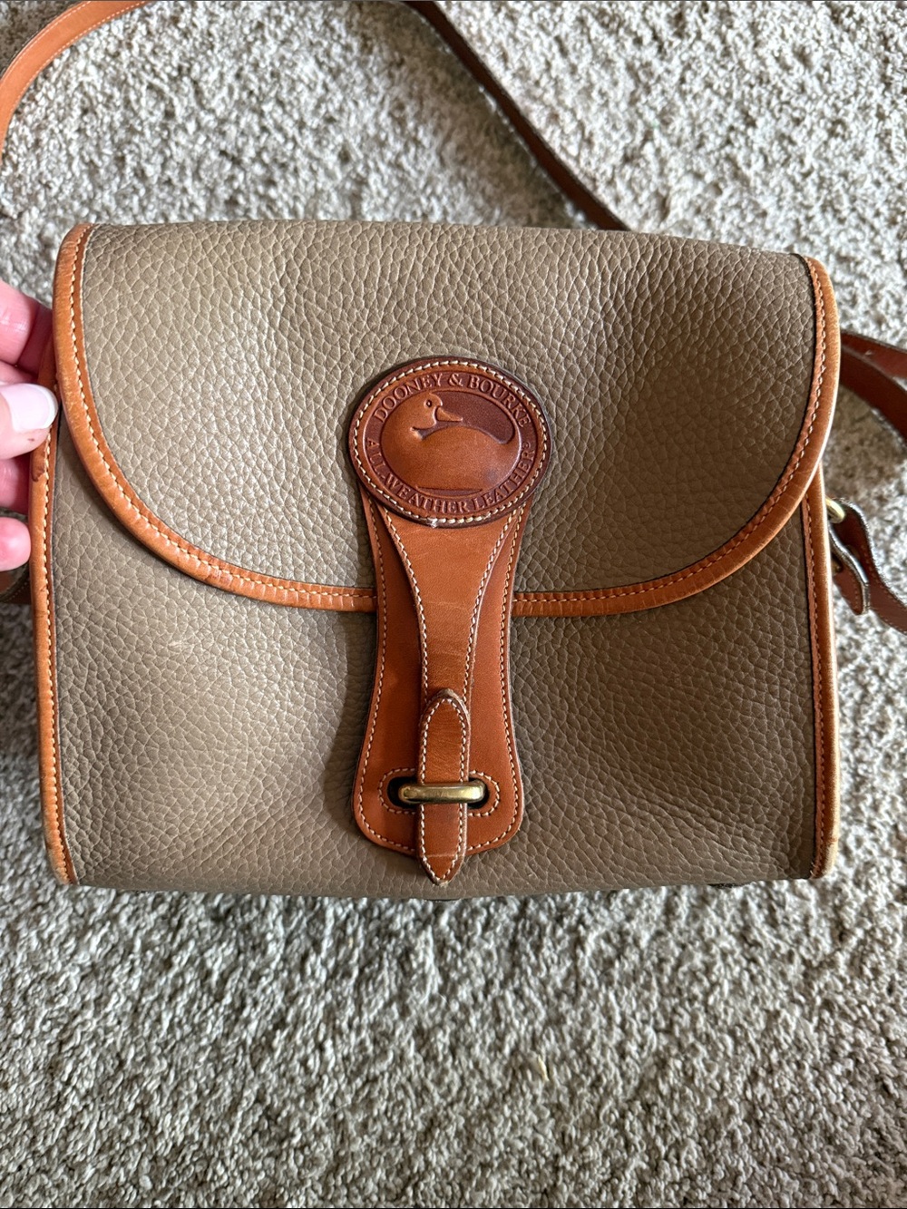 Dooney & Bourke Taupe Pebbled Leather Saddle Bag with Tan Trim